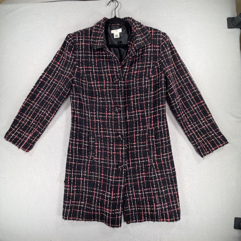 Apt. 9 Women's Size 8 Black Pink Plaid Tweed Long Blazer Coat Jacket Career